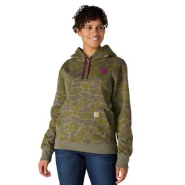 Carhartt Women's Relaxed Fit Midweight Logo Sleeve Graphic Printed Sweatshirt, Dusty Olive Vintage Camo, Medium