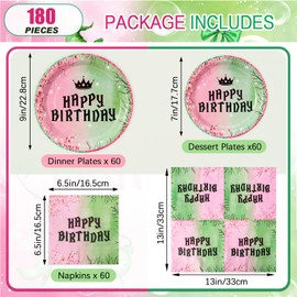 Dhnvcud 180Pcs Witch Birthdayl Party Supplies,Pink Green Paper Plates and Napkins Disposable Tableware Set for Girls Birthday Party Decorations,Serve 60