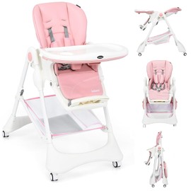 INFANS High Chair with One-Hand Removable Tray, 4 Lockable Wheels & Large Storage Basket - Multi-Adjustable Height, Recline & Footrest, Removable Cushion, Foldable for Baby, Infant& Toddler