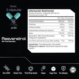 RESVERATROL HIGH PURITY 98% TRANS-RESVERATROL 300 capsulas (1000mg por porcion), by Eternal Nutrition - Ingredientes Naturales Premium de USA