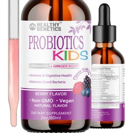 Healthy Genetics Liquid Probiotics for Kids & Toddlers | + Prebiotic + Ginger Root | Acidophilus Probiotic | Dairy Free | Vegan | Non-GMO | Gluten Free | 30-60 Servings