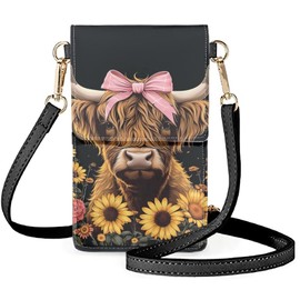 WELLFLYHOM Highland Cow Small Crossbody Bag Phone Carrier for Women Sunflower PU Leather Cell Phone Purse Touch Screen Messenger Bags Waterproof RFID Wallet Travel Credit Card Holder