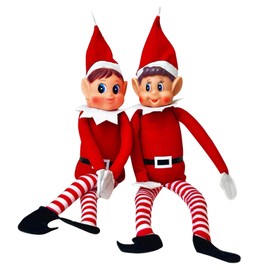 EDLMKM Set of 2 Naughty Little Xmas Elves, Boy & Girl Elf Figures, Charming Red Long Leg Soft Body Boy Girl Elf with Hat, Christmas Doll on the Shelf Toy