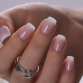 CurvLife Soft Gel Square Press-On Nails Short, Reusable Ombre Nude Pink Fake Nails with Glue & Adhesive Tabs, 30PCS Salon-Quality Stick-On Nails for A