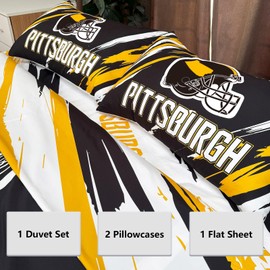 NINEBLITZ Pittsburgh Bedding Football Comforter Set Queen 4 Pieces with 1 Duvet Cover Queen Size, 1 Flat Sheet, and 2 Pillowcases Teenage Sports Bedding for Boys Bedroom