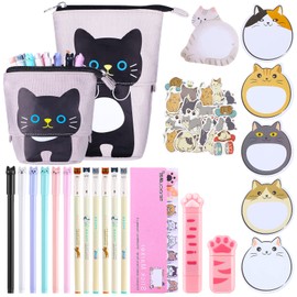 400 Pcs Cute Cat Stationery Set Cartoon Kawaii Stationary Girls and Boys School Supplies Including Gel Ink Pens Sticky Memos Notes Telescopic Pencil Pouch Bag Tapes Album Sticker (Gray)