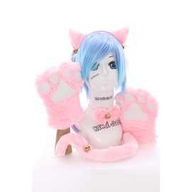 C-20-3 Pink Cat Paw Gloves Tail Collar Ears Headband Set 5-Piece Lolita Maid Cosplay