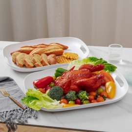 ZAROCRUS Extra Large Serving Platter, Set of 2, 18.75 x 14.375 x 2 Inch Large Melamine Serving Tray with Handle,Rectangular Serving Trays for Party, Big Turkey Platter, Dishwasher Safe, Matte White