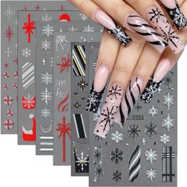 6Pcs Christmas French Nail Art Stickers Snowflake Nail Stickers Xmas Hat Bow Glitter French Tip Nail Design Christmas Nail Decals 3D Self-Adhesive Winter Nail Design Supplies for Holiday Nail Decor