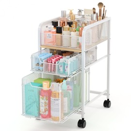 Hongtamoya Rolling Makeup Cart Organizer with 2 Drawers, Narrow Floor Skincare Organizers, Vanity Organizer Cosmetics Display Cases Holder for Skin Care Nail Polish Perfume Makeup Brush, White