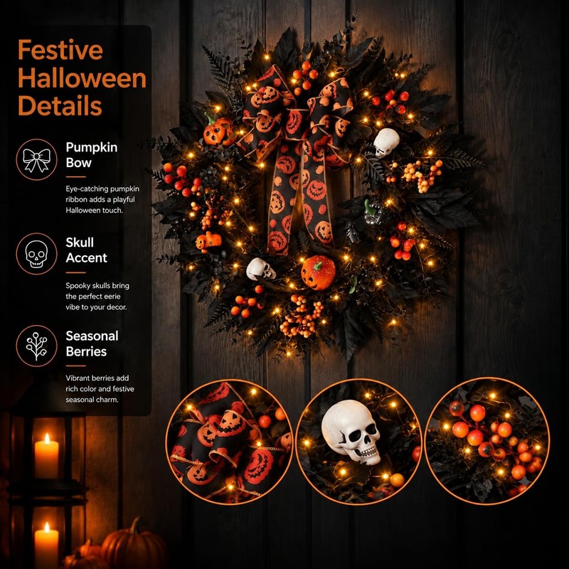 24 in Halloween Wreath for Front Door, Black Skeleton Spider