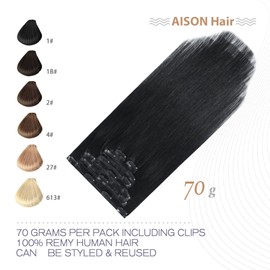 Aison Natural Black Clip in Hair Extensions Real Human Hair 70G 100% Remy Human Hair 22 In Clip in Extensions Soft Silky Straight 7pcs 16clips