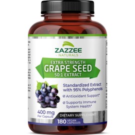 Zazzee High Strength Grape Seed 50:1 Extract, 180 Vegan Capsules, 95% Polyphenols, 400 mg per Capsule, 6 Month Supply, Standardized and Concentrated 50X Extract, Non-GMO, Made in The USA