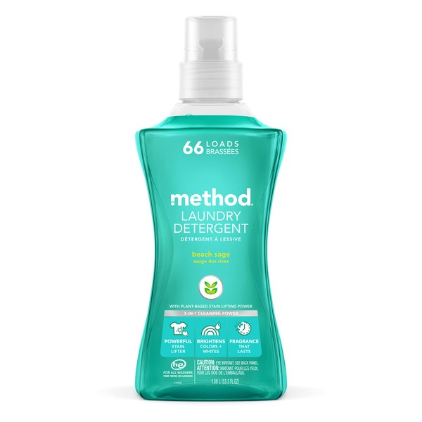 Method Liquid Laundry Detergent, Beach Sage, 66 Loads Per Bottle, Hypoallergenic + Biodegradable Formula, Plant-Based Stain Remover, 53.5 Fl Oz (Pack of 1)