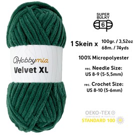 HobbyMia Velvet XL - Chenille Yarn for Crocheting - 100g / 74yds - (6) Super Bulky Yarn - Fluffy Yarn for Crochet - Crocheting Baby Blankets (14532 - Mineral Green, 1 Skein)