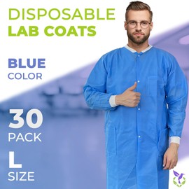 AMZ Disposable Lab Coats for Adults, Large. Pack of 30 Blue SMS Knee Length Lab Coat Disposable. 60 GSM Disposable Coats Medical. Painting Lab Coat with Cuffs, Knit Collar, and 3 Pockets