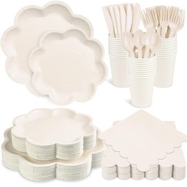 350 Pcs Ivory Paper Plates and Napkins Set, Tableware Set for 50 Guests Include Disposable Ivory Scalloped Plates, Napkins, Cups, Knives, Forks & Spoons for Baby Shower Wedding Bridal Shower Birthday