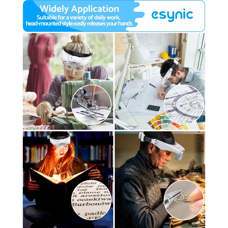 eSynic Comfort Fit Head Magnifier 1.5X-14.5X with LED Light &