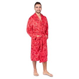 INTIMO Famjammies Men's Hooded Red Reindeer Fairisle Long Sleeve Plush Robe-size S/M