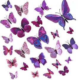Pack of 24 3D Butterflies Decorative Butterfly Wall Decoration 3D Butterfly Stickers Decorations (Purple)