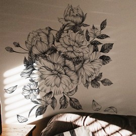 Runtoo Wall Tattoo Flowers Black Wall Sticker Large Peonies Blossoms Wall Sticker Living Room Bedroom Children's Room Baby Room Wall Decoration