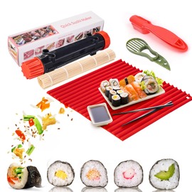 FrZslpka Sushi Making Kit for Easy Diy Sushi Make at Home, 7-in-1 Sushi Maker Kit Includes Sushi Roller Mat, Sushi Bazooka, Sushi Knife and Sushi Rice Ball Mold - Perfect for Beginners - BlackRed