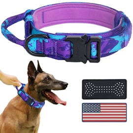 Hotsky Tactical Dog Collar with Handle for Large Medium Dogs,Upgrate Heavy Duty Military Training Nylon Adjustable Collar with Metal Buckle and Two Patches for Camouflage Fans（Purple Camo,XL）