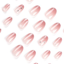 Press On Nails, Summer Spring Beauty Flower Fake Nails, Cute Stick on nails, Short Square Almond Ballet Shape Glue on Nails on 24PCs (Pink Gradient Diamond)