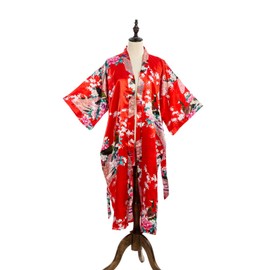 Asian Home Flower Peacock Satin Silk Kimono Robe, Dressing Gown, Bridal, Gift (Red)