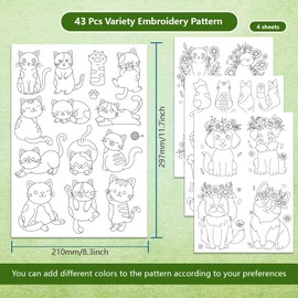 BENECREAT 4Pcs 43Pcs Cats and Dog Water Soluble Stabilizer, A4 Flower with Animal Embroidery Pattern Transfers for Hand Sewing Embroidery Stick and Stitch