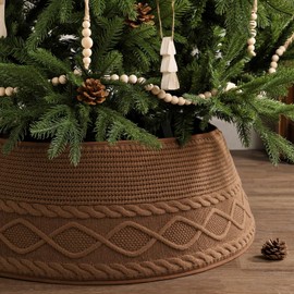 Knitted Christmas Tree Collar: Neutral Brown Crossed Diamond Textured Chunky Cable knit Christmas Tree Collars for Artificial Trees, Rustic Farmhouse Tree Ring Tree skirt for Xmas Holiday Home Décor