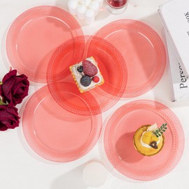 WELLIFE Neon Red Party Plates 9 Inch -150 Count, Translucent Red Plastic Disposable Dinner Neon Plates for Fluorescent Neon Theme Party Dessert Cake Salad Appetizers Easter Mother's Day