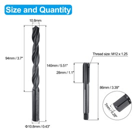 QUARKZMAN Gewindebohrer Set, M12 x 1,25 Metrisches Gerades Flöten Gewindebohrer & 10,8 mm Spiralbohrer, Schwarzoxid HSS 6542 Maschinengewindebohrer Set