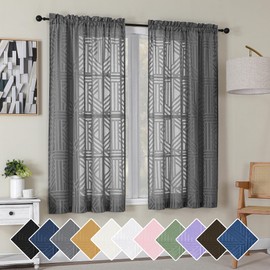 Simplebrand Grey Semi Sheer Curtains 63 Inch Length 2 Panels, Light Filtering Geometric Jacquard Clip Textured Short Sheer Curtains for Bedroom，Modern Elegant Window Curtains Drapes，42x63 inch