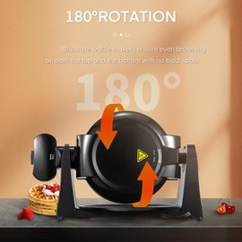 Double Belgian Waffle Maker Iron 180° Flip 1400W 8 Slices in 3 Mins, Rotating, Nonstick Baking Plates, Anti-Scald, Removable Easy to Clean Drip Tray, Cool-touch Handle, Space-Saving Storage, Black