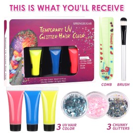 SPRINGSUGAR Body Glitter + Glow UV Hair Color Glue Kit, Hair Glitter for Kids Includes 3 Chunky Glitters, 3 Hair Color, Brush, Comb, Face Glitter for Party Singer Concerts Festival Rave Accessories