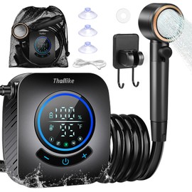 Upgraded Portable Shower, 8000mAh Rechargeable Camping Shower Pump with Intelligent Display, 5 Pressure Modes, IPX8 Waterproof Lightweight Pocket Outdoor Shower Pump Kit for Hiking, Travel, Car, Pet