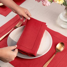 D'Moksha Homes Linen Dinner Napkins 20 x 20 Inch - 100% Pure Linen Bright Red Napkins Set of 4 - Classic Hemstitch - Washable Bright Red Cloth Napkins for Fall, Christmas Decor