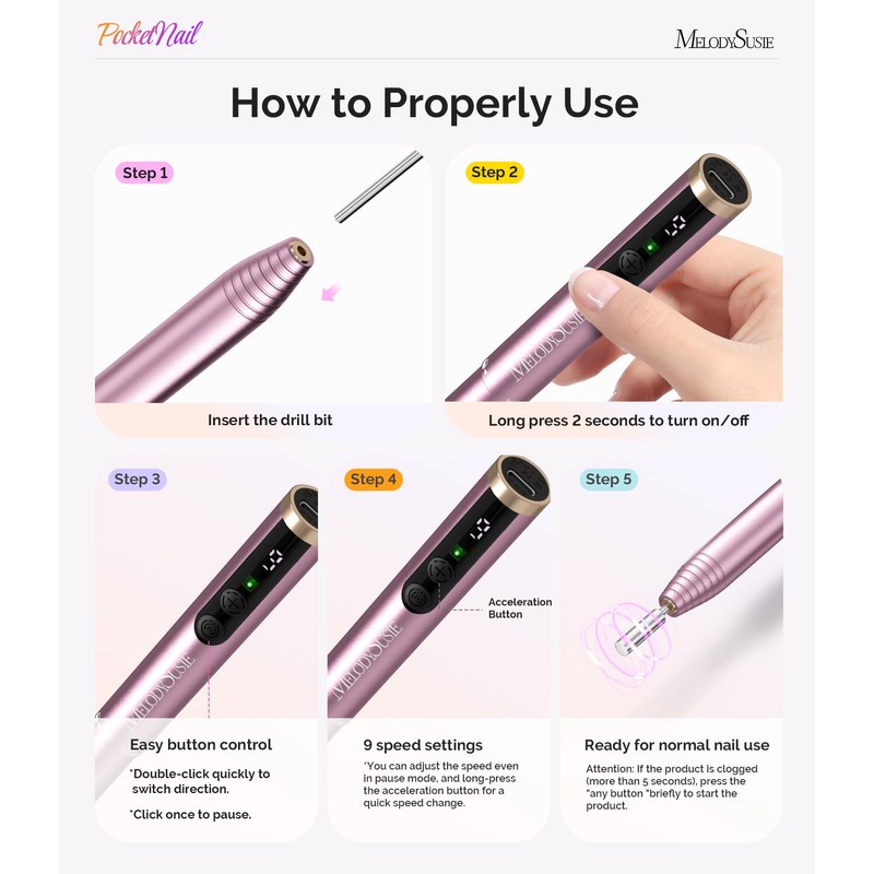 MelodySusie PocketNail Cordless Nail File, PC100GR Pen-Shaped Portable Nail Drill