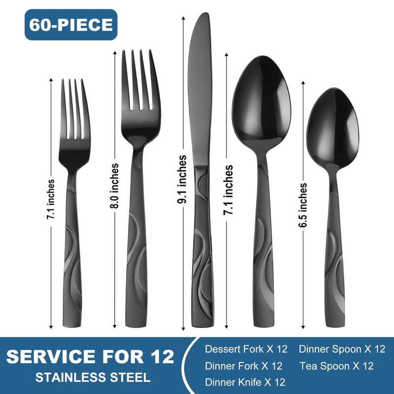 FONGDANLAITE 60 Pieces Black Silverware Set, Heavy Duty 430 Stainless