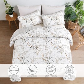 Anibedding Grey Quilt Set Full,3 Pieces Reversible Elegant Gray Botanical Leaves Pattern Bedspread Coverlet Soft Microfiber Bed Cover for All Season(90"×78")