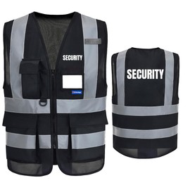SECURITY Hi Vis Vests with 7 Pockets - Black High Visibility Safety Vest for Men & Women