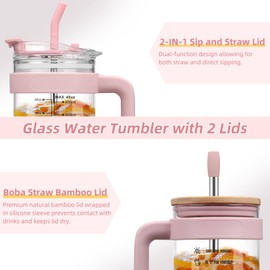 chunmo 40 oz Glass Tumbler with 2 Lids-Bamboo Straw Lid & 2-in-1 Sip and Flip Straw Lid,Iced Coffee Cup with Handle, Glass Water Bottles with Silicone Sleeve,Glass Cup with Straws, BPA Free-1 Pack