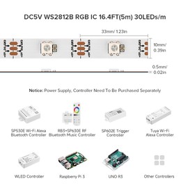 BTF-LIGHTING WS2812B RGB ECO LED Strip, Chasing Effects 5050SMD Individually Addressable 16.4FT 30Pixels/m 150Pixels Flexible Dream Color IP67 for Bedroom DIY Projects DC5V(No Adapter or Controller)