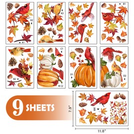 Mfault 52PCS Fall Maple Leaves Window Clings 9 Sheets, Autumn Cardinal Red Birds Pumpkins Wall Stickers Decal Decorations, Thanksgiving Harvest Season Farmhouse Living Room Home Kitchen Decor