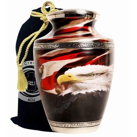 Artizans Cremation Urns-Brass Cremation Urn-Bald Eagle with American Flag (Silver-Large)