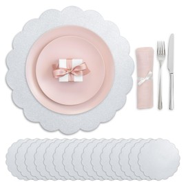 50 PCS Gold Glitter Paper Placemats,13.5 Inch Scalloped Sparkle Table Place Mats Decorative Disposable Table Mats for Dining Wedding Home Banquet New Years Festive Party (50, Silver)