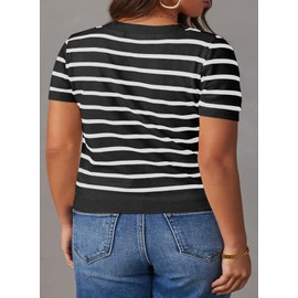 Eytino Plus Size Tops for Women Short Sleeve Round Neck Striped Pullover Tops Ribbed Knit Sweater Blouse,4X White