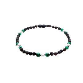 Genuine Amber Necklace From Baltic Sea Made With Unpolished Cherry Malachite & Pearl 33 cm (13 Inches)