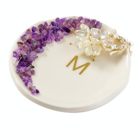 Maxsirui Ceramic Initials Ring Dish with Brazilian Amethyst Inlaid, Cute Room Decor Aesthetic, Decorative Jewelry Tray Trinket Dish, Engagement Wedding Birthday Christmas Gifts for Women (M)